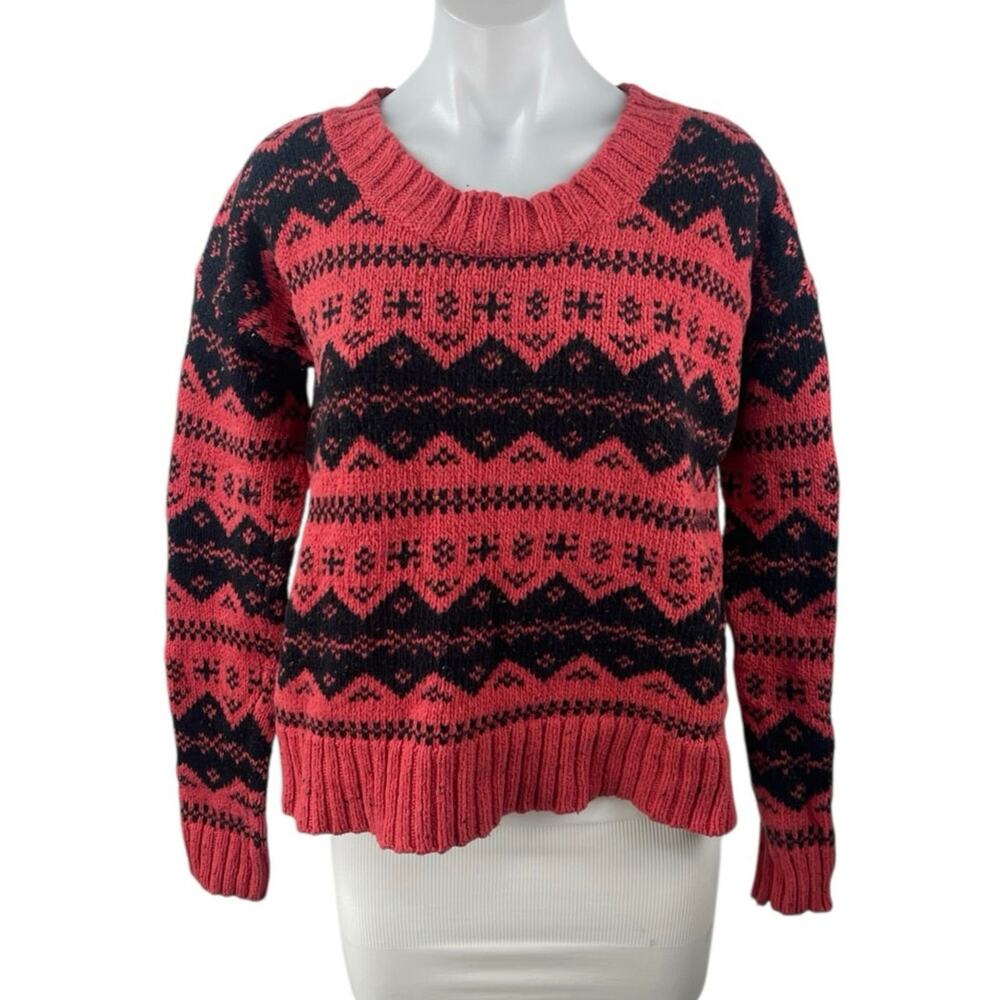 French Connection Womens Red Black Fair Isle Knit Long Sleeve Sweater Top Size S